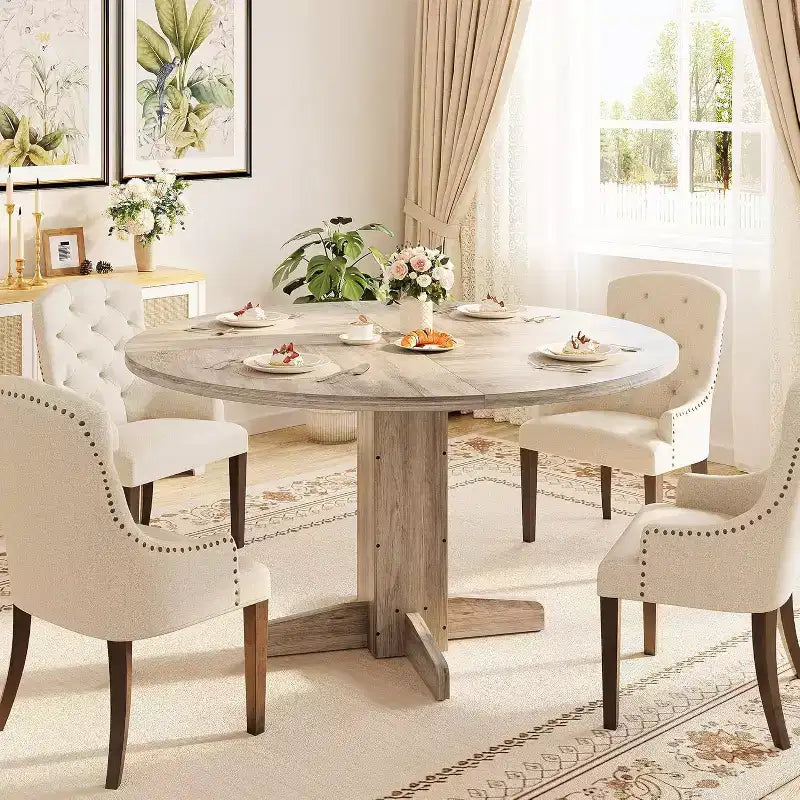 47-Inch Black Round Dining Table for 4-6 C Farmhouse Style C Sturdy Pedestal Base C Ideal for Living Room, Apartment, Dining Room