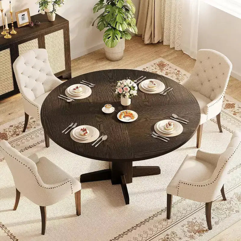 47-Inch Black Round Dining Table for 4-6 C Farmhouse Style C Sturdy Pedestal Base C Ideal for Living Room, Apartment, Dining Room