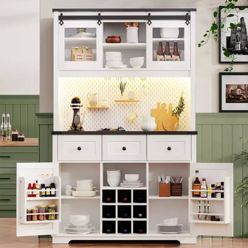 71in Farmhosue Pantry Bar Cabinet with Storage Rack, Rustic Kitchen Coffee Cabinet with Hutch, Sliding Door, Power Outlet, Pegboard, 3 Drawers, White