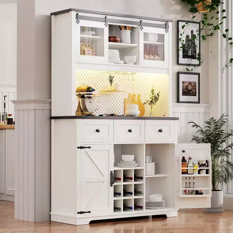 71in Farmhosue Pantry Bar Cabinet with Storage Rack, Rustic Kitchen Coffee Cabinet with Hutch, Sliding Door, Power Outlet, Pegboard, 3 Drawers, White