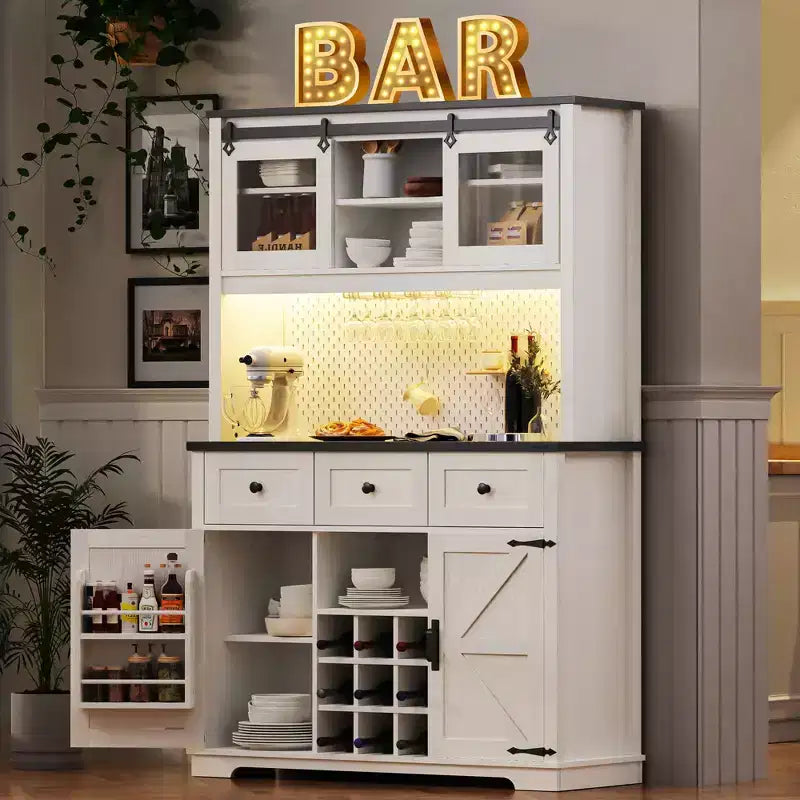 71in Farmhosue Pantry Bar Cabinet with Storage Rack, Rustic Kitchen Coffee Cabinet with Hutch, Sliding Door, Power Outlet, Pegboard, 3 Drawers, White