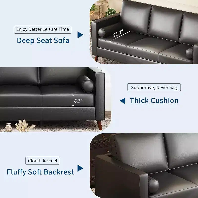 86 Leather Sofa, Mid-Century Modern Couch, Faux Leather Couch with Deep Seats, 3-Seat Sofa for Living Room, Office, Black