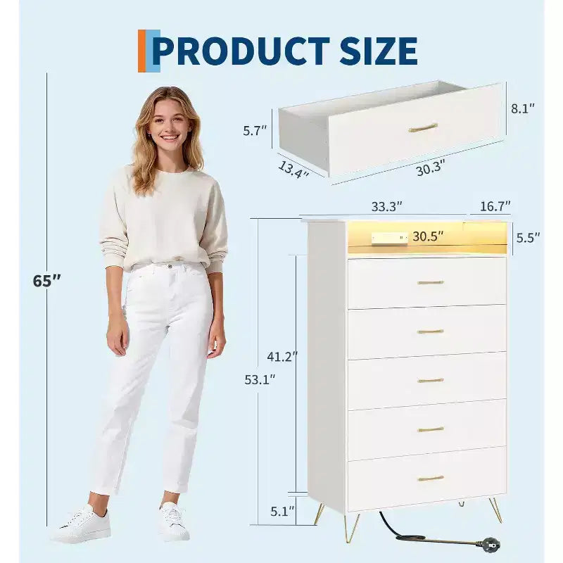 5 Drawer Tall Dresser, Modern White Chest with Silent Drawers, Water-Resistant Storage Organizer for Bedroom, Closet, Hallway