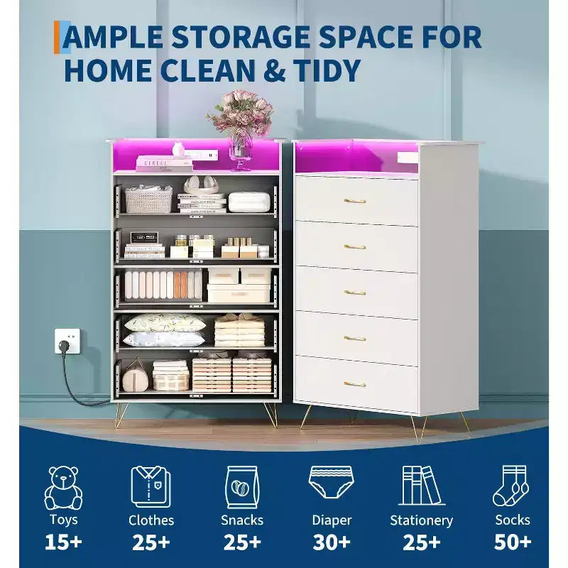 5 Drawer Tall Dresser, Modern White Chest with Silent Drawers, Water-Resistant Storage Organizer for Bedroom, Closet, Hallway