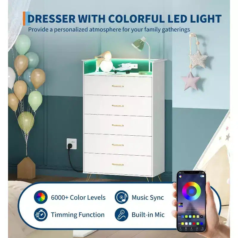 5 Drawer Tall Dresser, Modern White Chest with Silent Drawers, Water-Resistant Storage Organizer for Bedroom, Closet, Hallway