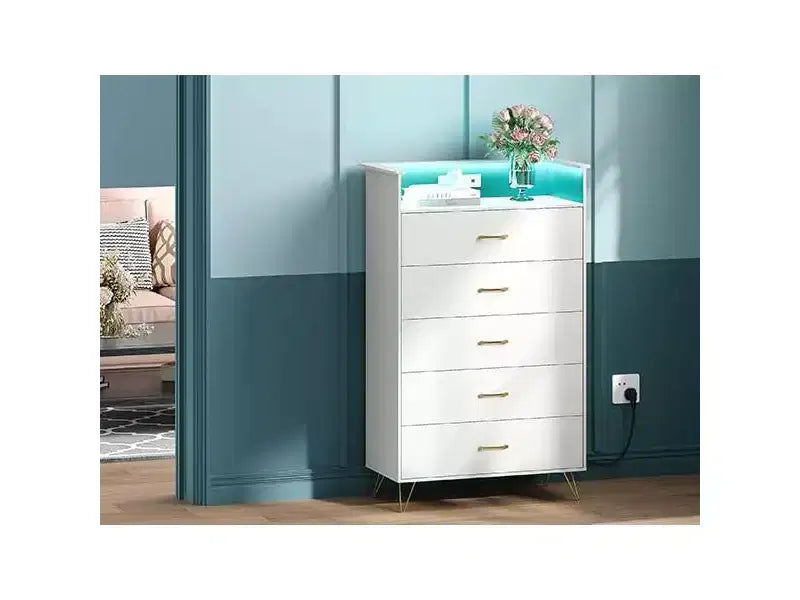 5 Drawer Tall Dresser, Modern White Chest with Silent Drawers, Water-Resistant Storage Organizer for Bedroom, Closet, Hallway