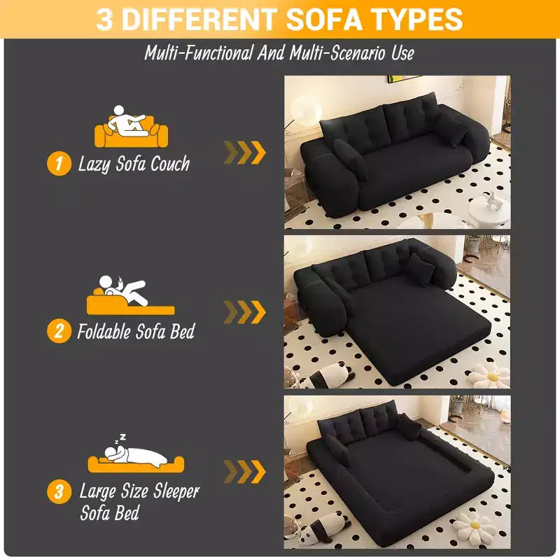 78.7 Multifunctional Foldable Sofa Bed, 3-in-1 Teddy Fabric Foam Filled Sleepder Sofa Bed Black