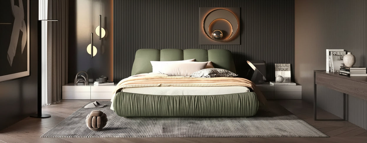 MAYEERTY Queen Size Luxury Upholstered Platform Bed with Oversized Padded Backrset and Solid Wood Frame Green
