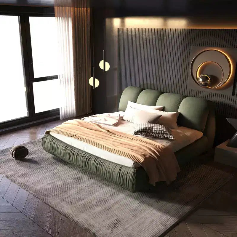 Luxury Upholstered Platform Bed with Oversized Padded Backrset and Solid Wood Frame Green
