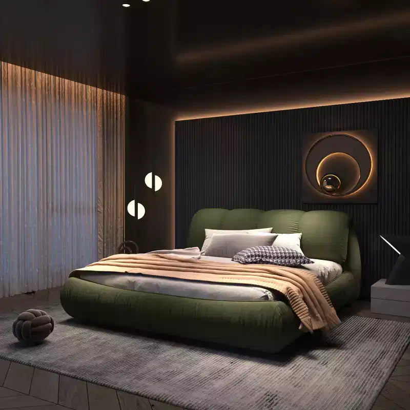 Queen Size Luxury Upholstered Platform Bed with Oversized Padded Backrset and Solid Wood Frame Green
