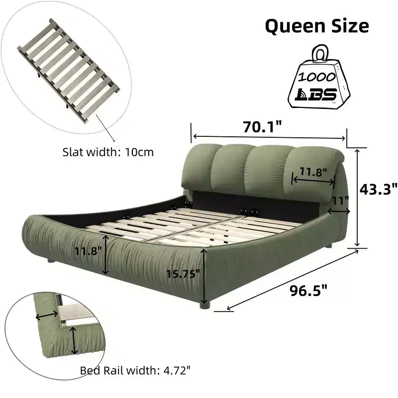 Luxury Upholstered Platform Bed with Oversized Padded Backrset and Solid Wood Frame Green
