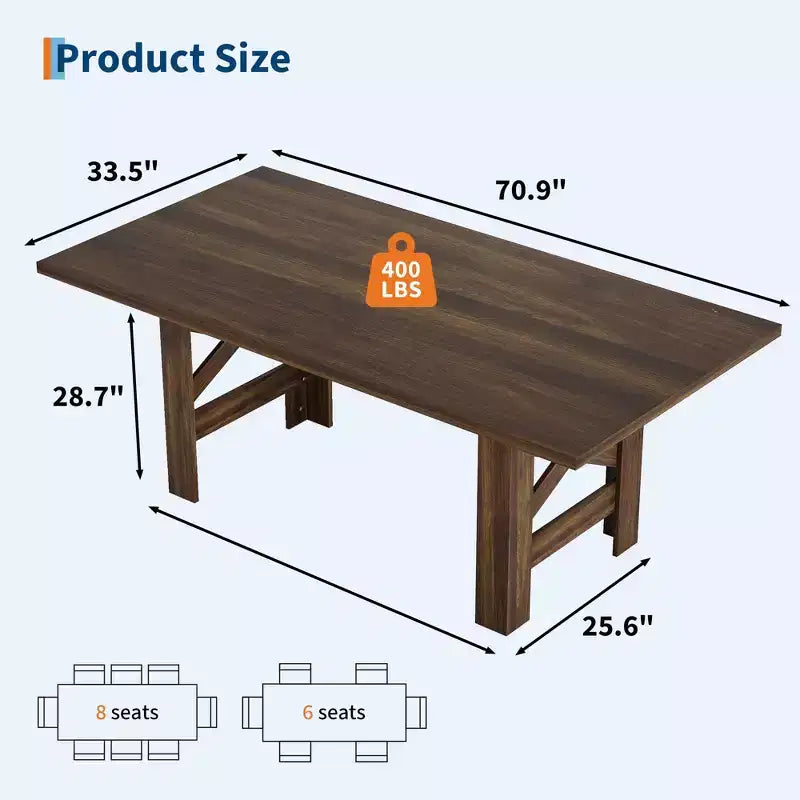 71 Rustic Dining Table, Farmhouse Rectangular Wooden Kitchen Table for 6-8, Thick Rectangle Tabletop, Heavy-Duty Base