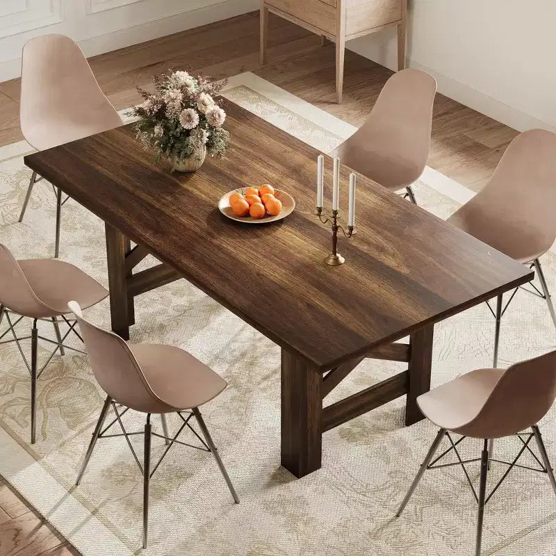 71 Rustic Dining Table, Farmhouse Rectangular Wooden Kitchen Table for 6-8, Thick Rectangle Tabletop, Heavy-Duty Base