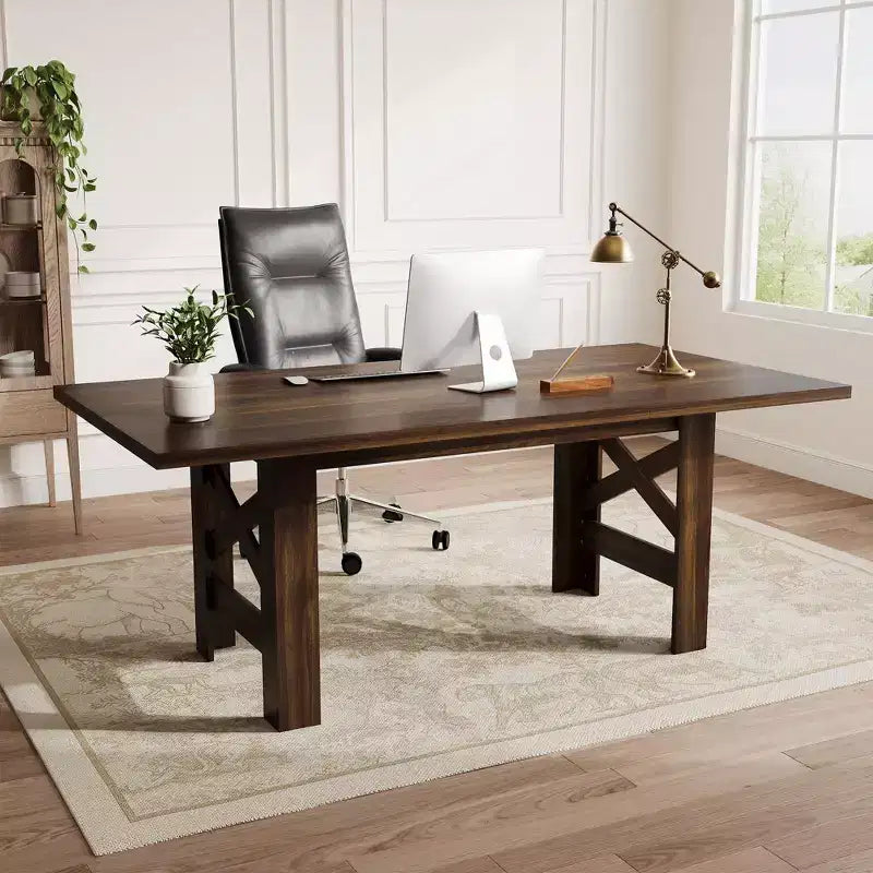 71 Rustic Dining Table, Farmhouse Rectangular Wooden Kitchen Table for 6-8, Thick Rectangle Tabletop, Heavy-Duty Base