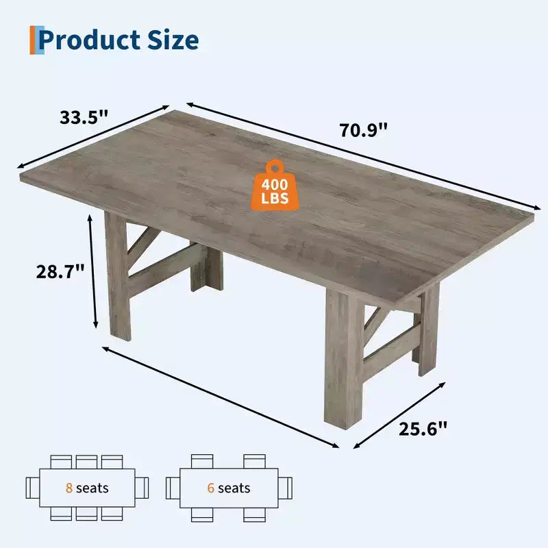 71 Rustic Dining Table, Farmhouse Rectangular Wooden Kitchen Table for 6-8, Thick Rectangle Tabletop, Heavy-Duty Base