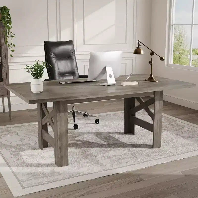 71 Rustic Dining Table, Farmhouse Rectangular Wooden Kitchen Table for 6-8, Thick Rectangle Tabletop, Heavy-Duty Base