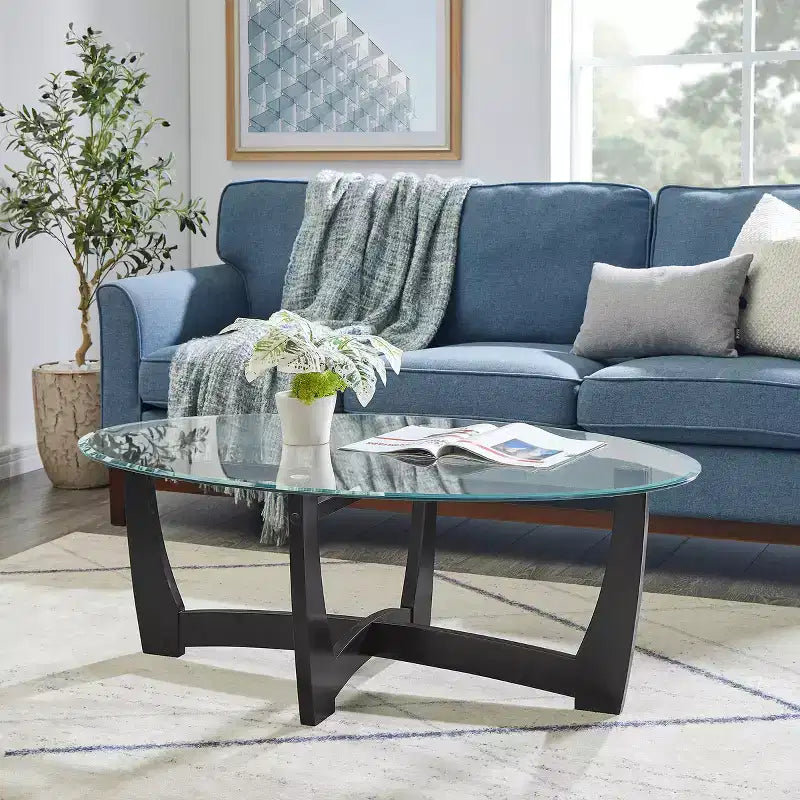 48 inch Oval Glass Coffee Table Black Round Coffee Table with Glass Top Small Coffee Table for Living Room Office