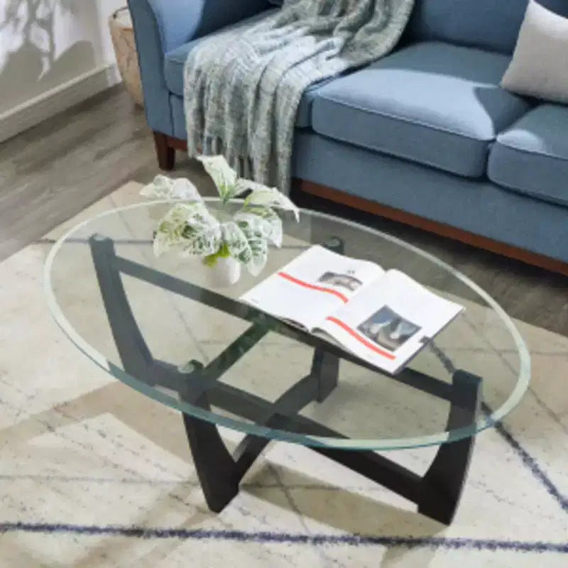 48 inch Oval Glass Coffee Table Black Round Coffee Table with Glass Top Small Coffee Table for Living Room Office