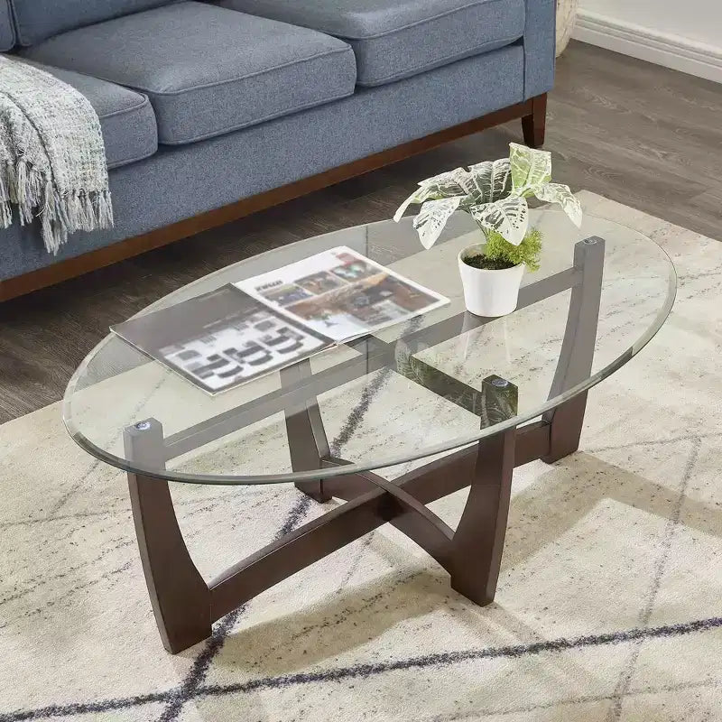 48 inch Oval Glass Coffee Table Cherry Round Coffee Table with Glass Top Small Coffee Table for Living Room Office