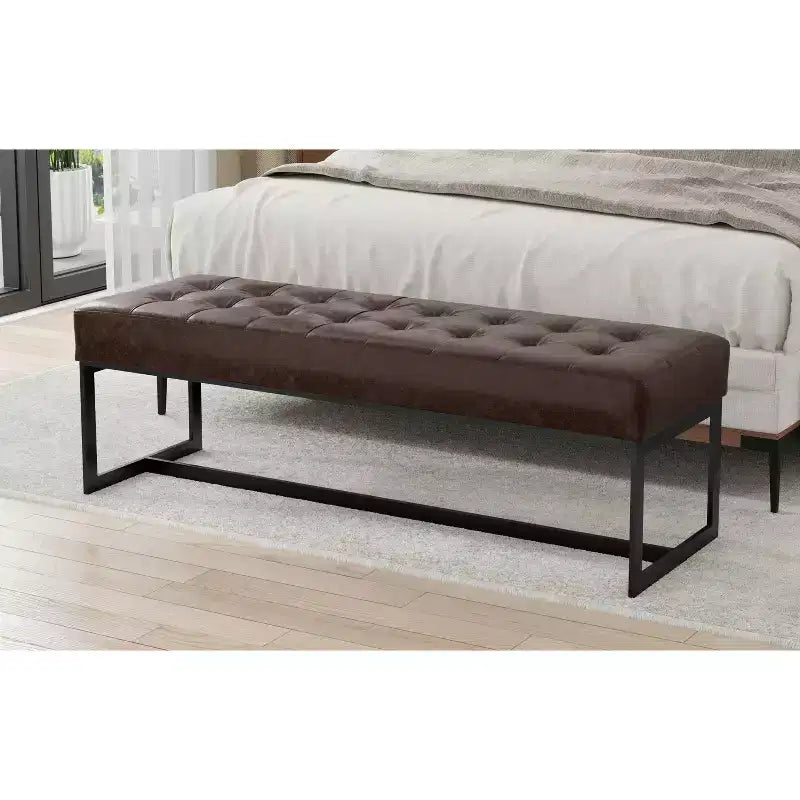 56 inch Wide Modern Contemporary Rectangle Ottoman Bench in Brown Genuine Leather