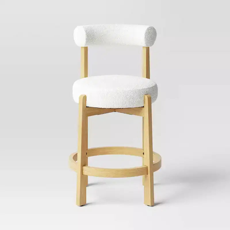 25.5" Sculptural Upholstered and Wood Boucle Counter Height Barstool with Footrest Cream