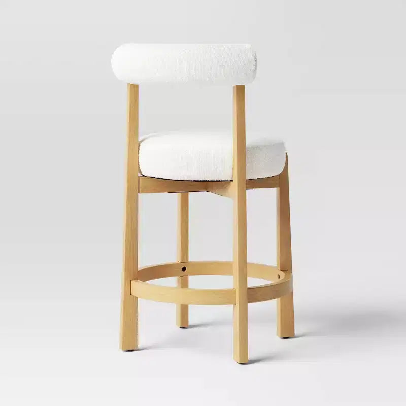 25.5" Sculptural Upholstered and Wood Boucle Counter Height Barstool with Footrest Cream