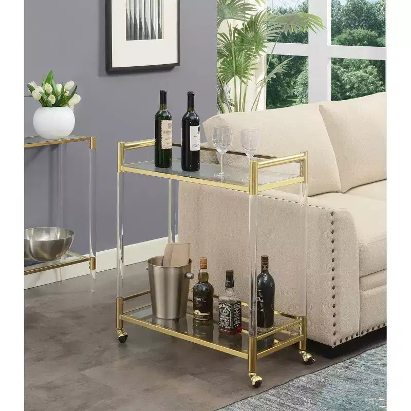 2 Tier Acrylic and Glass Trolley (Gold/Glass Version) — Features Tempered Glass Shelves and Swivel Casters