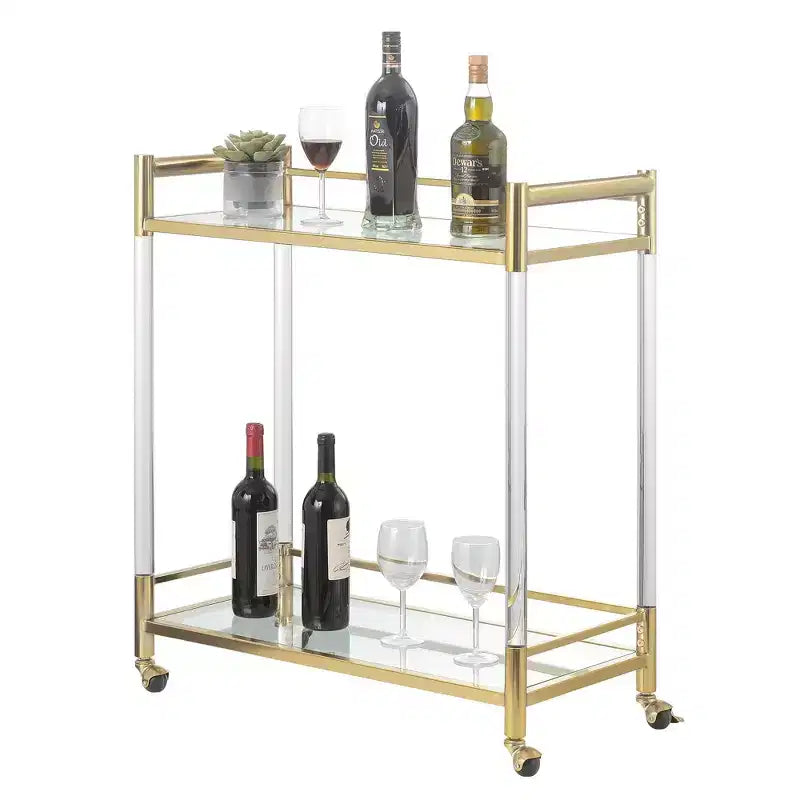 2 Tier Acrylic and Glass Trolley (Gold/Glass Version) — Features Tempered Glass Shelves and Swivel Casters