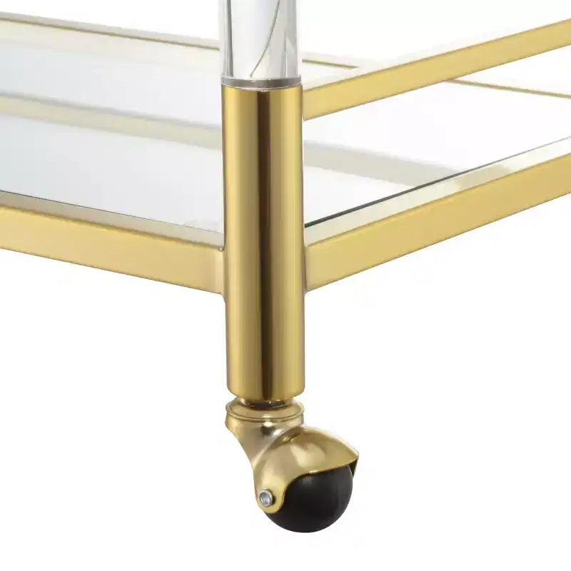 2 Tier Acrylic and Glass Trolley (Gold/Glass Version) — Features Tempered Glass Shelves and Swivel Casters