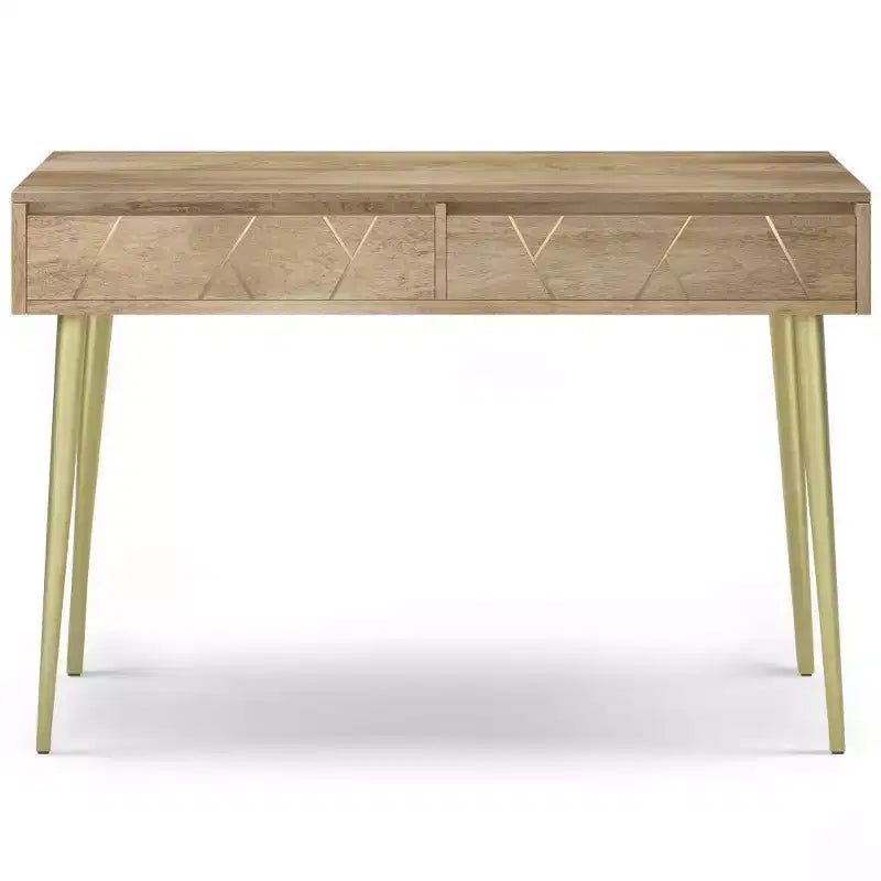 Console Table Natural -  Mid-Century Modern, Geometric Brass Inlay, Storage