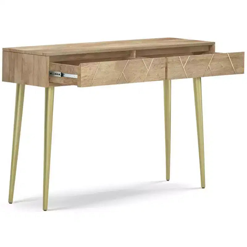 Console Table Natural -  Mid-Century Modern, Geometric Brass Inlay, Storage