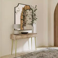 Console Table Natural -  Mid-Century Modern, Geometric Brass Inlay, Storage