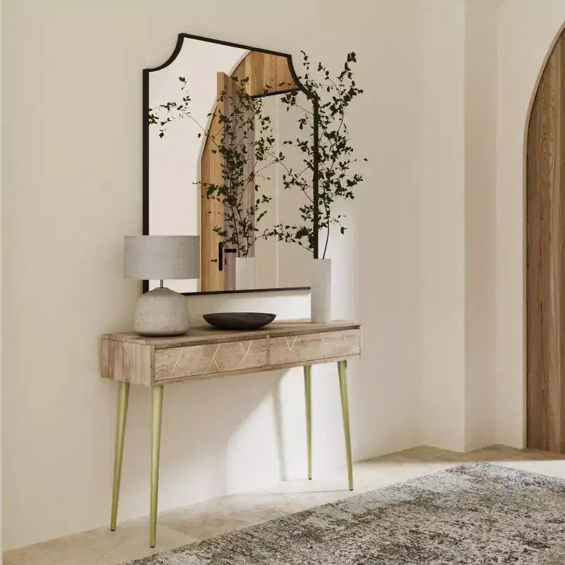 Console Table Natural -  Mid-Century Modern, Geometric Brass Inlay, Storage