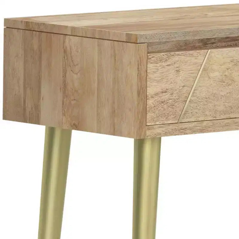 Console Table Natural -  Mid-Century Modern, Geometric Brass Inlay, Storage