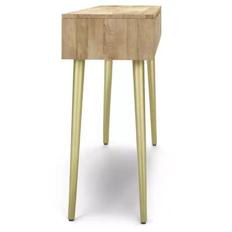 Console Table Natural -  Mid-Century Modern, Geometric Brass Inlay, Storage