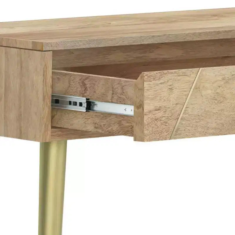 Console Table Natural -  Mid-Century Modern, Geometric Brass Inlay, Storage