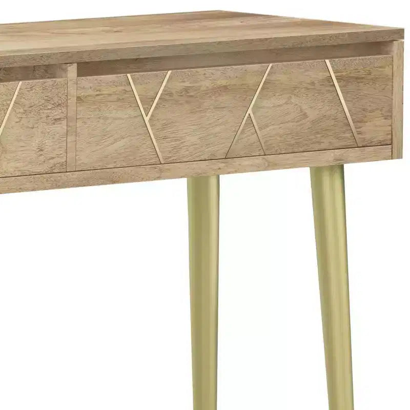 Console Table Natural -  Mid-Century Modern, Geometric Brass Inlay, Storage
