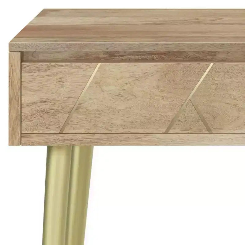 Console Table Natural -  Mid-Century Modern, Geometric Brass Inlay, Storage