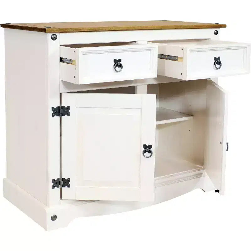 Kitchen Sideboard Cabinet with 2 Drawers and 2 Doors - Solid Pine Construction - White