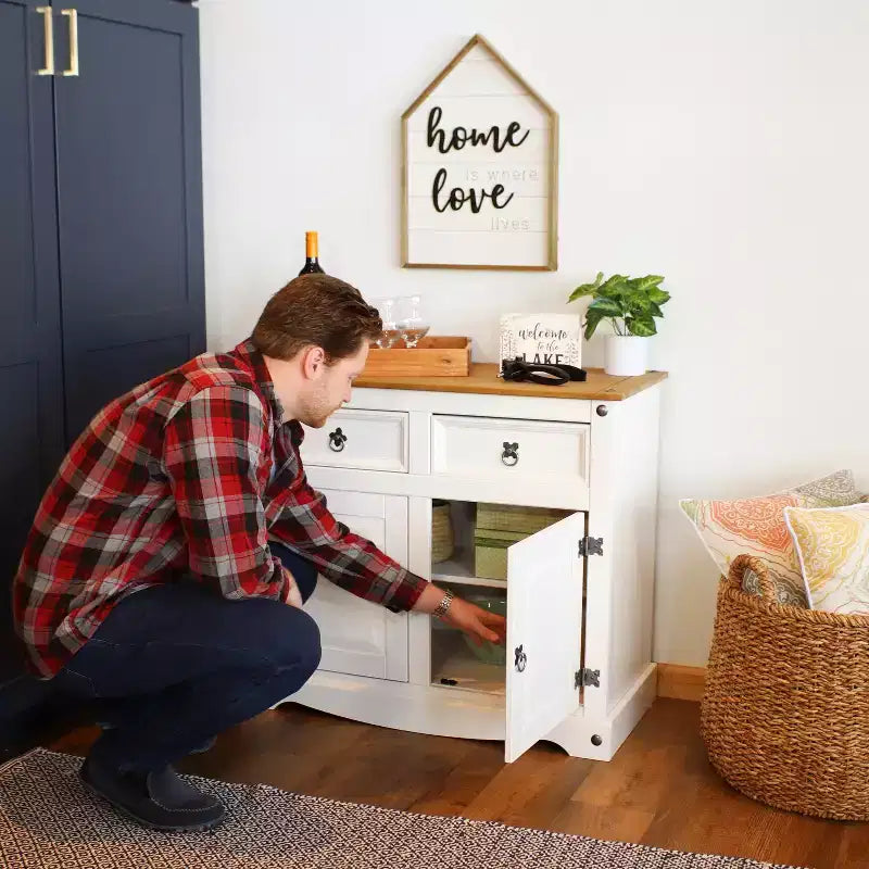 Kitchen Sideboard Cabinet with 2 Drawers and 2 Doors - Solid Pine Construction - White