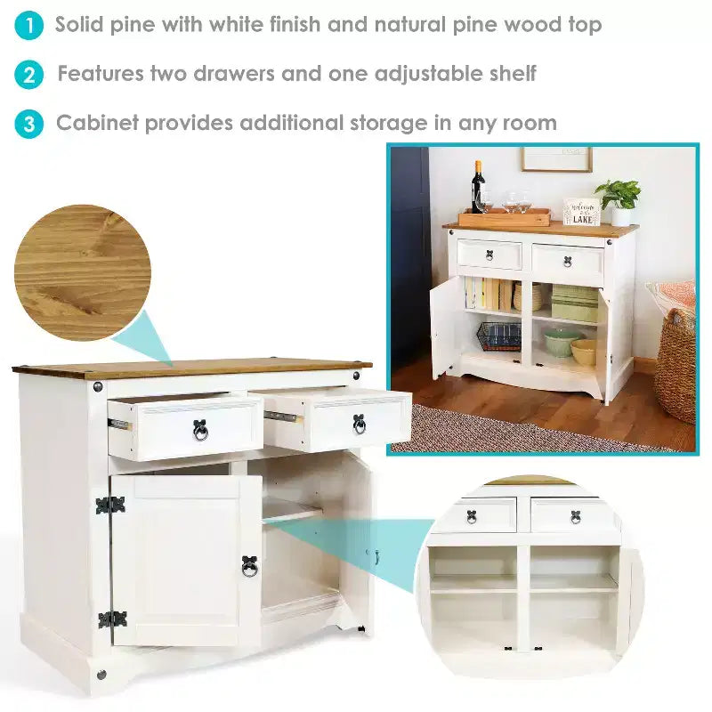 Kitchen Sideboard Cabinet with 2 Drawers and 2 Doors - Solid Pine Construction - White