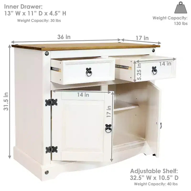 Kitchen Sideboard Cabinet with 2 Drawers and 2 Doors - Solid Pine Construction - White