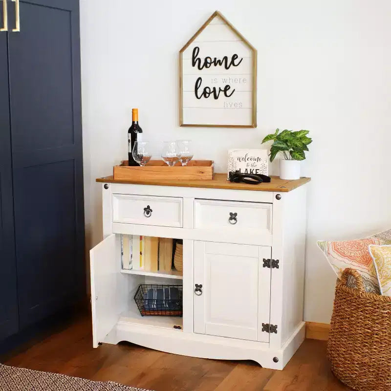 Kitchen Sideboard Cabinet with 2 Drawers and 2 Doors - Solid Pine Construction - White