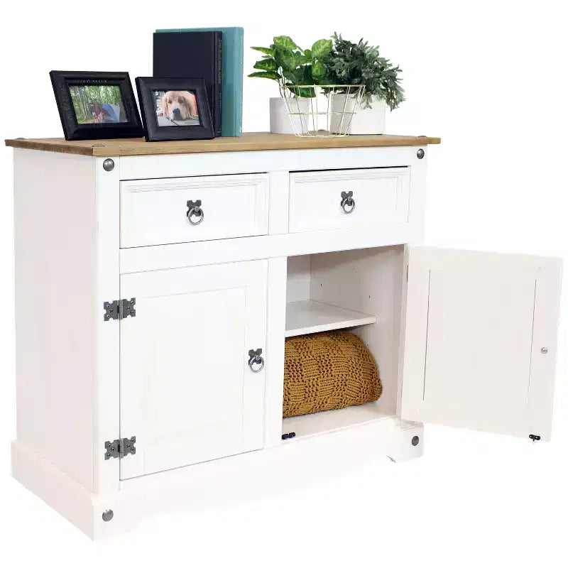Kitchen Sideboard Cabinet with 2 Drawers and 2 Doors - Solid Pine Construction - White
