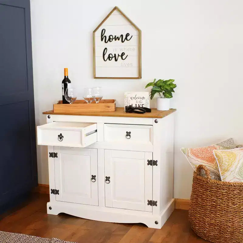 Kitchen Sideboard Cabinet with 2 Drawers and 2 Doors - Solid Pine Construction - White