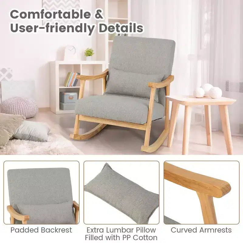 Set of 2 Rocking Chairs with Pillow Rocking Armchairs with Rubber Wood Frame Grey
