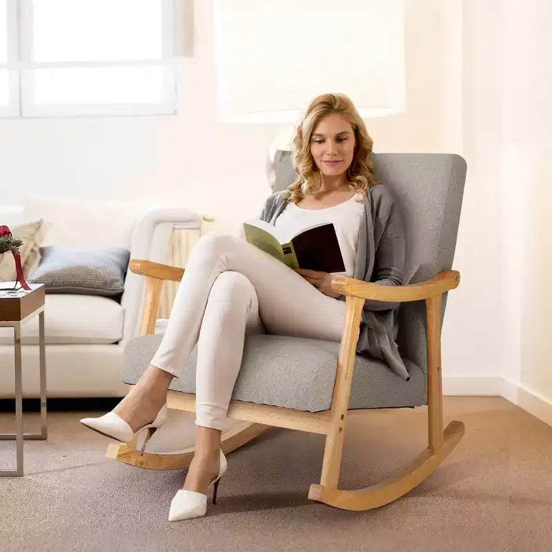 Set of 2 Rocking Chairs with Pillow Rocking Armchairs with Rubber Wood Frame Grey