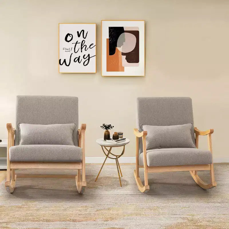 Set of 2 Rocking Chairs with Pillow Rocking Armchairs with Rubber Wood Frame Grey