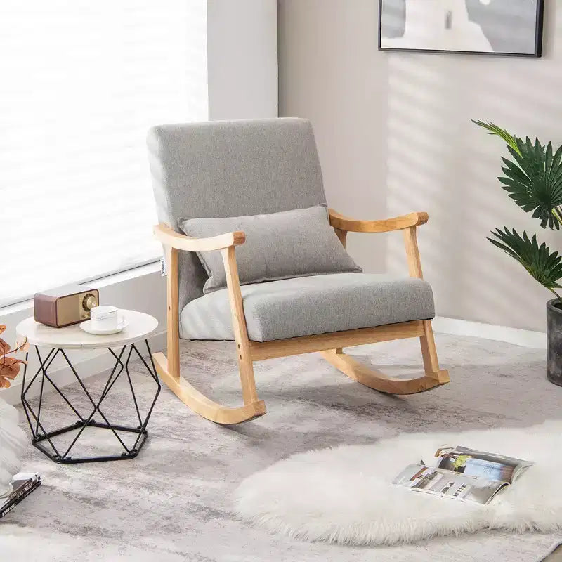 Set of 2 Rocking Chairs with Pillow Rocking Armchairs with Rubber Wood Frame Grey