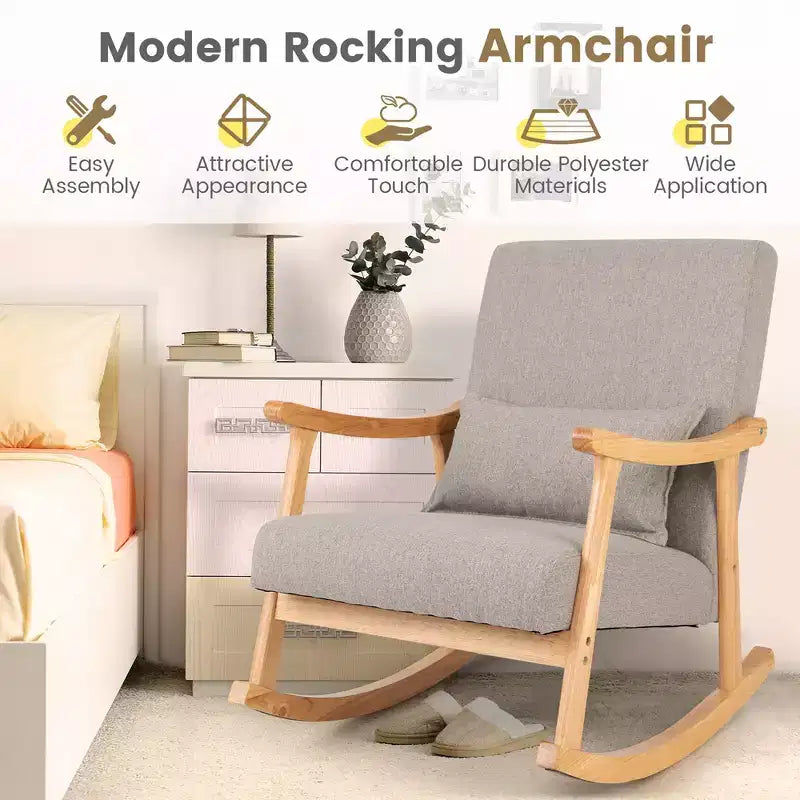 Set of 2 Rocking Chairs with Pillow Rocking Armchairs with Rubber Wood Frame Grey